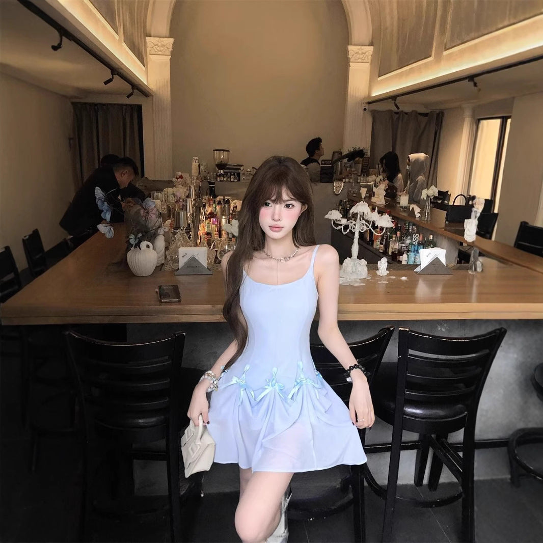 One Dress Multiple Wears Bow Blue Strap Dress for Women Summer Stylish Sweet Spicy Fitted A-Line Long Dress