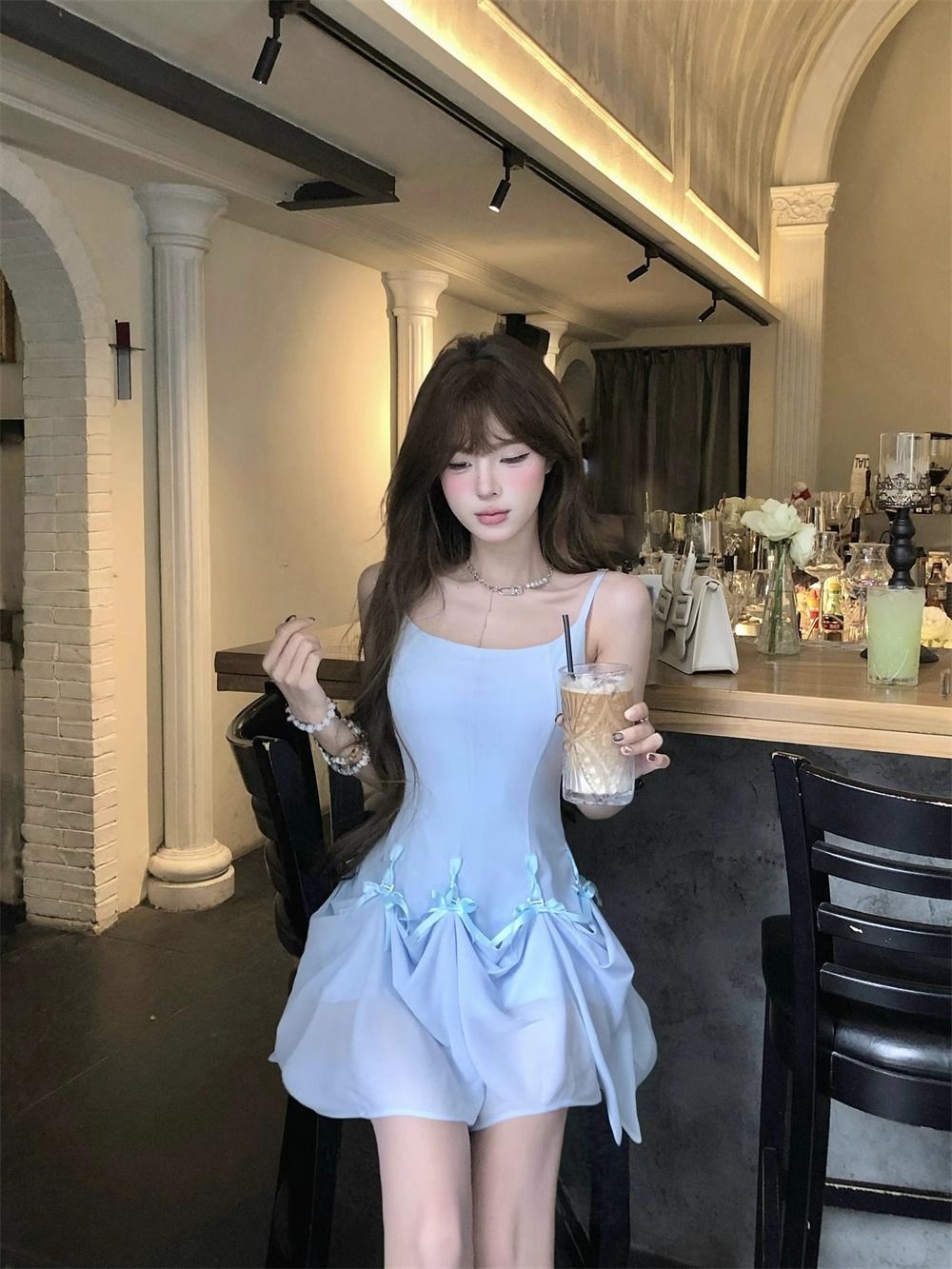 One Dress Multiple Wears Bow Blue Strap Dress for Women Summer Stylish Sweet Spicy Fitted A-Line Long Dress