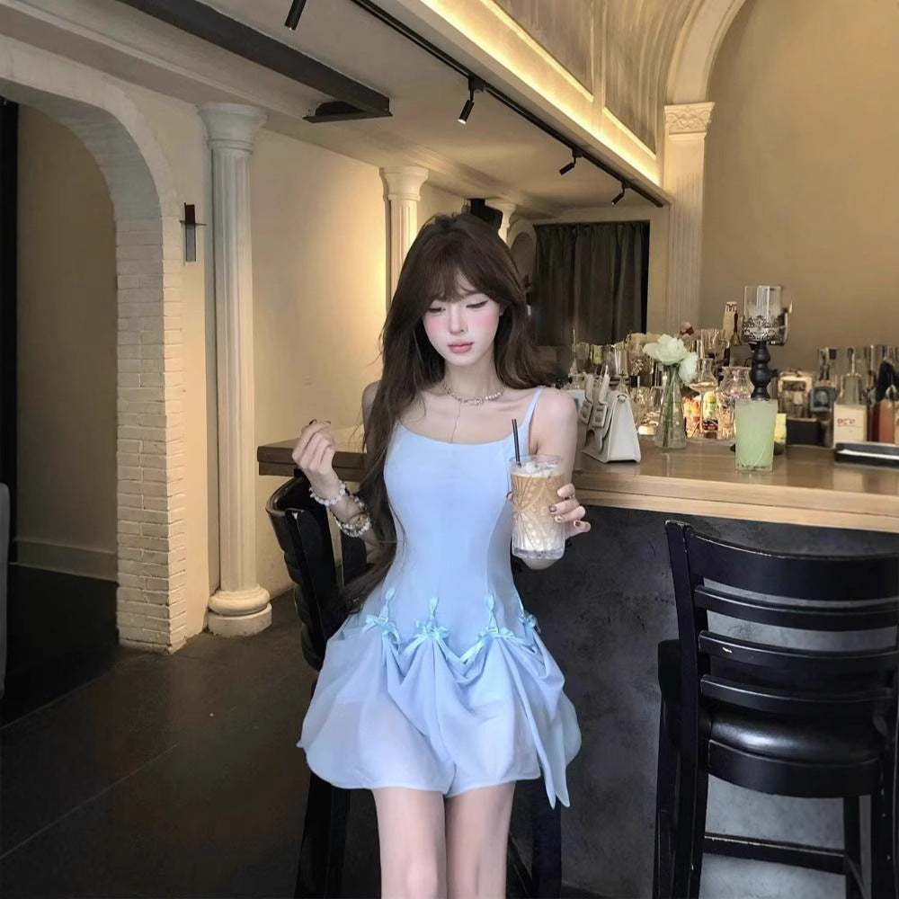 One Dress Multiple Wears Bow Blue Strap Dress for Women Summer Stylish Sweet Spicy Fitted A-Line Long Dress